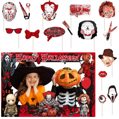 HalloweenFoto Requisiten, 33 PCS Halloween Photo Booth Requisiten Fotobox Accessoires Geburtstag für Halloween Party Dekorationen Zubehör, Fotoaccessoires für Halloween Party Deko von VRMSTOY