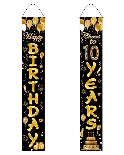 VReder 10th Happy Birthday Party Türbanner Dekorationen, Schwarz Gold 10 Jahre alt Dekoration für Jungen und Mädchen Frauen Männer Geburtstagsfeier (10. Schwarzes Gold) von VReder