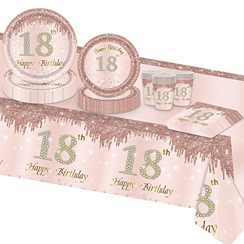 VReder Roségold Deko 18 Partygeschirr Set, 18. Geburtstag Happy Birthday Mädchen Frau Frauen Decorations Einschließlich Servietten Tischdecke Becher Teller 16 Gäste von VReder