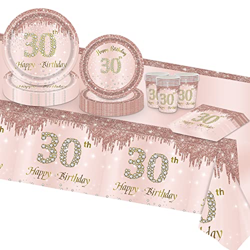 VReder Roségold Deko 30 Partygeschirr Set, 30. Geburtstag Happy Birthday Mädchen Frau Frauen Decorations Einschließlich Servietten Tischdecke Becher Teller 16 Gäste von VReder