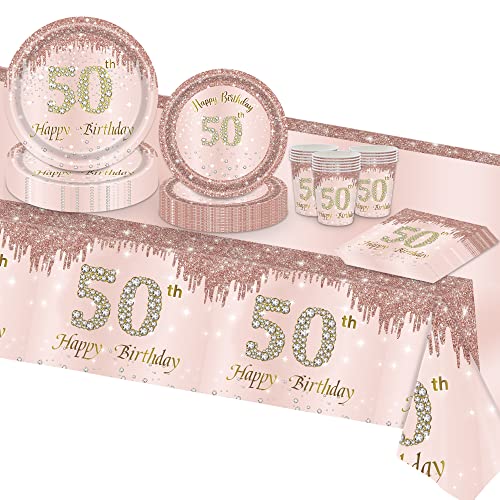 VReder Roségold Deko 50 Partygeschirr Set, 50. Geburtstag Happy Birthday Mädchen Frau Frauen Decorations Einschließlich Servietten Tischdecke Becher Teller 16 Gäste von VReder