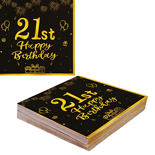 VReder Servietten 21 Geburtstag, Schwarz Gold Papier Party Servietten, Happy Birthday 21. Servietten für Mann Frau Geburtstag Feiern Party Decorations 40 Stück von VReder