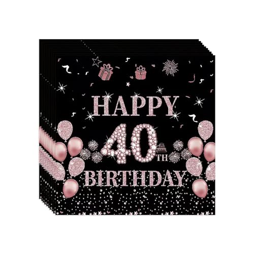 VReder Servietten 40 Geburtstag, Schwarz Roségold Papier Party Servietten, Happy Birthday 40. Servietten für Mädchen Frau Frauen Geburtstag Feiern Party Decorations 40 Stück von VReder