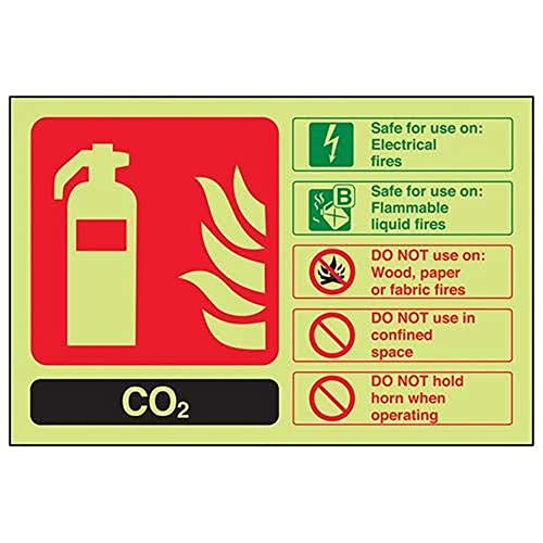 VSafety englisches Warnschild für Feuerlöscher, CO2-Kennzeichnung, leuchtet im Dunkeln, 200 x 150 mm, selbstklebendes Vinyl von VSafety