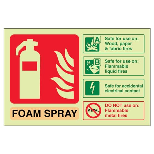 VSafety englisches leuchtendes Feuerlöscher-Schild „Foam Spray ID Safe For Electrical Contact“, leuchtet im Dunkeln, 150 x 100 mm, starrer Kunststoff von VSafety