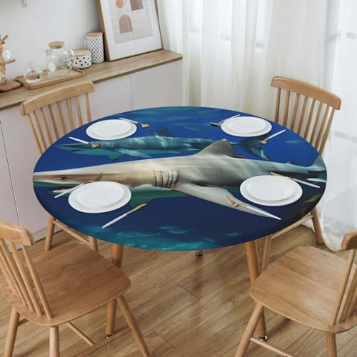 VTCTOASY Two White Sharks Tablecloth Round Fitted Table Cloth with Elastic Edge Waterproof Oil-Proof Table Cover for 101.6 cm-127.0 cm Tables Picnic Tablecloths for Party Dining Camping Outdoor Small von VTCTOASY