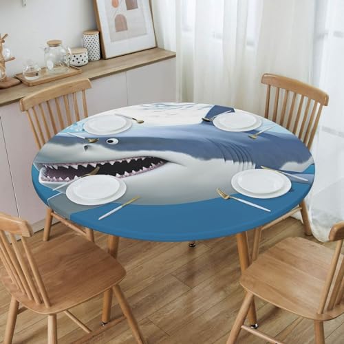 VTCTOASY Weiße Hai-Tischdecke, rund, mit elastischem Rand, wasserdicht, öldicht, Tischdecke für 101,6 - 127 cm große Tische, Picknick-Tischdecken für Party, Esszimmer, Camping, Outdoor, klein von VTCTOASY