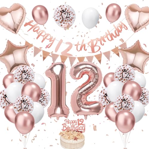 12. Geburtstag Deko Roségold, Luftballon Deko 12. Geburtstag Junge Mädchen, Geburtstagsdeko 12 Jahr, Roségold Weiß Luftballons 12 Geburtstag mit Banner Geburtstag Tortendeko für Geburtstag Dekoration von VUCDXOP