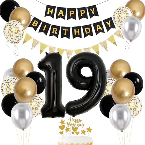 19. Geburtstag Dekorationen für Junge Mädchen, 19. Geburtstag Luftballons mit Zahl 19 Folienballon Schwarz Gold Silber Luftballons Happy Birthday Banner Geburtstag Kuchen Topper für 19. Party von VUCDXOP