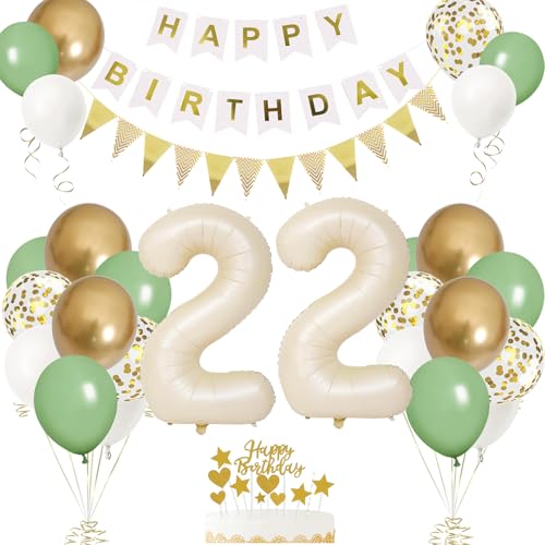 22. Geburtstag Dekorationen für Sie und Ihn, 22. Geburtstag Luftballons mit Zahl 22 Folienballon Salbeigrün Weißgold Luftballons Happy Birthday Banner Geburtstag Kuchen Topper für 22. Party von VUCDXOP