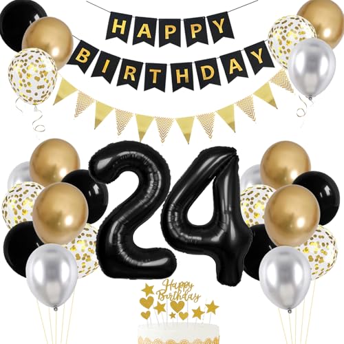 24. Geburtstag Dekorationen für Männer und Frauen, Luftballons zum 24. Geburtstag mit Zahl 24 Folienballon Schwarz Gold Silber Luftballons Happy Birthday Banner Geburtstag Kuchen Topper für 24. Party von VUCDXOP