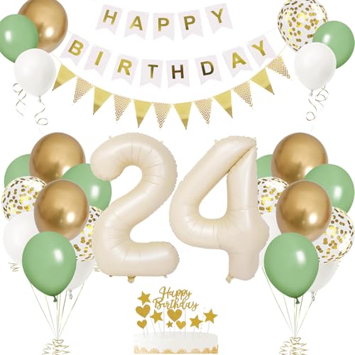 24. Geburtstag Dekorationen für Sie und Ihn, 24. Geburtstag Luftballons mit Zahl 25 Folienballon Salbeigrün Weißgold Luftballons Happy Birthday Banner Geburtstag Kuchen Topper für 24. Party von VUCDXOP