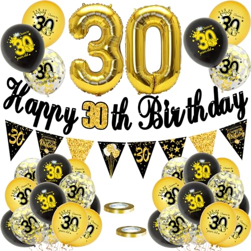 30 Geburtstag Deko, Luftballons 30 Geburtstag Dekoration Set, 30 Jahr Geburtstagdeko, Happy Birthday Girlande Konfetti Luftballons Schwarz Gold Deko, Frauen Mann 30 Geburtstag Party Deko Supplies von VUCDXOP