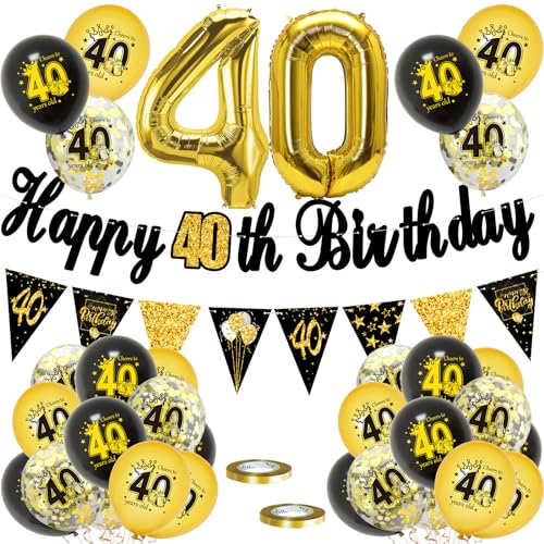 40 Geburtstag Deko, Luftballons 40 Geburtstag Dekoration Set, 40 Jahr Geburtstagdeko, Happy Birthday Girlande Konfetti Luftballons Schwarz Gold Deko, Frauen Mann 40 Geburtstag Party Deko Supplies von VUCDXOP