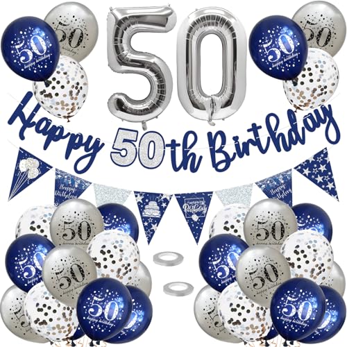 50 Geburtstag Deko, Luftballons 50 Geburtstag Dekoration Set, 50 Jahr Geburtstagdeko, Happy Birthday Girlande Konfetti Luftballons Nacht Blau Silber Deko,Frauen Mann 50 Geburtstag Party Deko Supplies von VUCDXOP