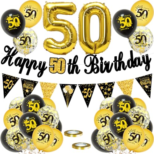 50 Geburtstag Deko, Luftballons 50 Geburtstag Dekoration Set, 50 Jahr Geburtstagdeko, Happy Birthday Girlande Konfetti Luftballons Schwarz Gold Deko, Frauen Mann 50 Geburtstag Party Deko Supplies von VUCDXOP