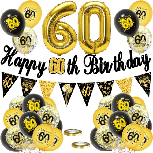 60 Geburtstag Deko, Luftballons 60 Geburtstag Dekoration Set, 60 Jahr Geburtstagdeko, Happy Birthday Girlande Konfetti Luftballons Schwarz Gold Deko, Frauen Mann 60 Geburtstag Party Deko Supplies von VUCDXOP