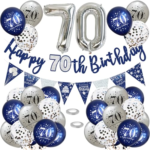 70 Geburtstag Deko, Luftballons 70 Geburtstag Dekoration Set, 70 Jahr Geburtstagdeko, Happy Birthday Girlande Konfetti Luftballons Nacht Blau Silber Deko,Frauen Mann 70 Geburtstag Party Deko Supplies von VUCDXOP