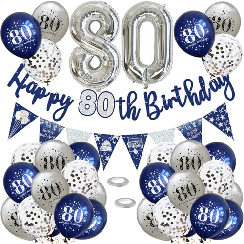 80 Geburtstag Deko, Luftballons 80 Geburtstag Dekoration Set, 80 Jahr Geburtstagdeko, Happy Birthday Girlande Konfetti Luftballons Nacht Blau Silber Deko,Frauen Mann 80 Geburtstag Party Deko Supplies von VUCDXOP