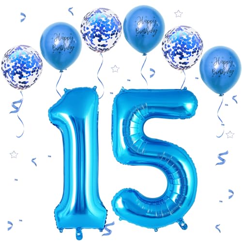 Blau Luftballon 15, XXL Riesige Geburtstag Ballon 15, 40" - 101cm Ballon Zahl Deko Folienballon Zahlen 1 & 5, Geburtstagsdeko Jubiläum Party Deko, Fliegt mit Helium (Nummer 15/51) von VUCDXOP