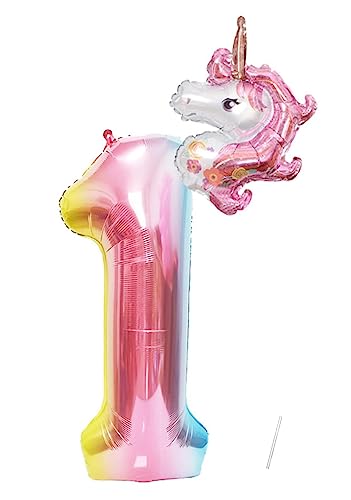 Geburtstag Folienballon Zahl 1 mit Einhorn, 101 cm Regenbogen Luftballons Zahl 1, Helium Ballon Zahl 1, Mädchen Geburtstag Luftballon Deko Hochzeit Jubiläum Fest Party Dekoration - Fliegt mit Helium von VUCDXOP