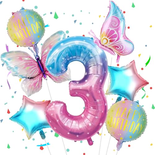 Geburtstagsdeko Mädchen 3 Jahr, VUCDXOP 3 Jahr Schmetterling Geburtstag Deko, schmetterling luftballon 3, Geburtstag deko 3 jahre mädchen, Riesen Folienballon Zahl 3 für Geburtstag Party Dekoration von VUCDXOP