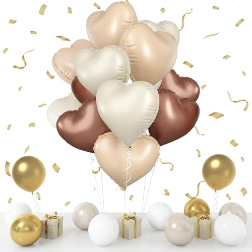 Herz Folienballons Creme, 29 Stück 18 Zoll Herz Helium Luftballons und Latex Luftballon, Creme Braun Herz Luftballons Hochzeit, Herzform Folienluftballon für Hochzeit Geburtstag Verlobung Valentinstag von VUCDXOP