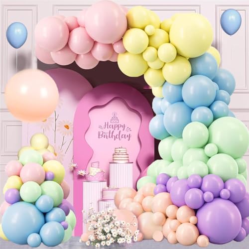 Luftballon Girlande Pastell, 133 Stück 5 10 12 18 Zoll Regenbogen Ballon Girlande Geburtstag Set, Macaron Rosa Blau Lila Luftballon Grün Gelb Latex ballons für Geburtstag Babyparty Hochzeit Party von VUCDXOP