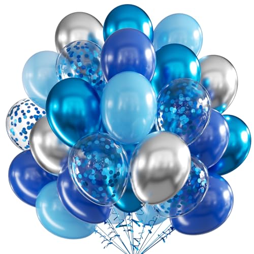 Luftballons Blau Silber, 60 Stück 12 Zoll Blau Latex Luftballons Metallic Blau Silber Luftballons mit Konfetti Party Ballons, Party Luftballon für Geburtstag Hochzeit Babyparty Baby Shower Dekoration von VUCDXOP