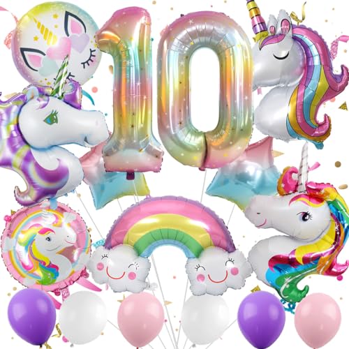 Luftballons zum 10. Geburtstag Einhorn Luftballons, 10 Geburtstag Dekorationen für Mädchen Einhorn Geburtstagsdekorationen Folienballons Nummer 10 Geburtstag Dekorationen Mädchen Party Dekoration von VUCDXOP
