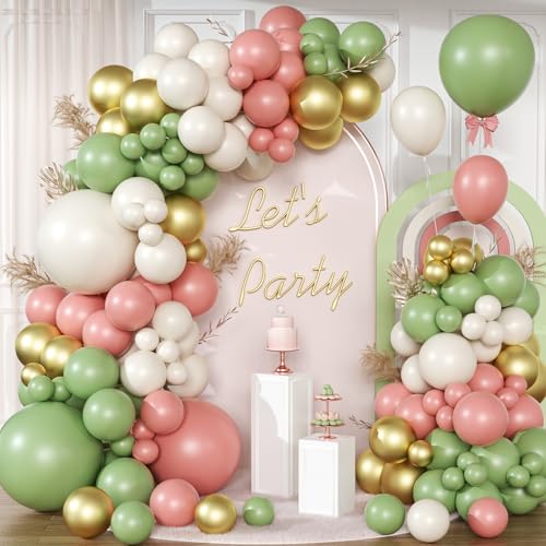 Salbeigrün Ballonbogen Kit, 130pcs Olivgrün Ballon Girlande mit Sand Weiß Retro Rosa Luftballons Gold Konfetti Ballon für Junge Mädchen Geburtstagsfeier Babyparty Verlobung Hochzeit Safari Party von VUCDXOP