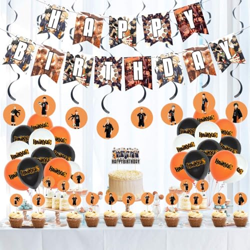 Partyzubehör für Haikyuu-Partyzubehör, Dekorationen beinhaltet: 1 Haikyuu-Banner, 1 große Kuchendekoration, 24 Cupcake-Aufsätze, 18 Luftballons, 1 Spule für Anime-Partyzubehör für Fans, Jungen, von VUEHVO