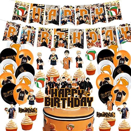 Partyzubehör für Haikyuu-Partyzubehör, Dekorationen beinhaltet: 1 Haikyuu-Banner, 1 große Kuchendekoration, 24 Cupcake-Aufsätze, 18 Luftballons, 1 Spule für Anime-Partyzubehör für Fans, Jungen, von VUEHVO