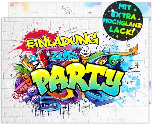 12x Graffiti EINLADUNGSKARTEN KINDERGEBURTSTAG Junge Mädchen - die frech bunten Graffiti MONSTER PARTY Karten sind die perfekte Graffiti EINLADUNG für Jungen Mädchen Kinder GEBURTSTAG KINDERPARTY von VULAVA