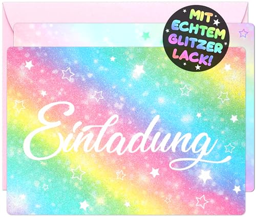 12x GLITZER Regenbogen EINLADUNGSKARTEN KINDERGEBURTSTAG Mädchen Junge + 12x Umschläge - die Rainbow PARTY Karten sind die Regenbogen EINLADUNG für Mädchen Kinder GEBURTSTAG Einladung Regenbogen von VULAVA