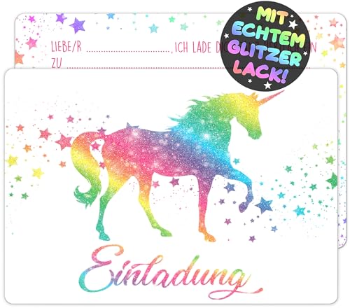 VULAVA 12x GLITZER Einhorn EINLADUNGSKARTEN KINDERGEBURTSTAG Mädchen Junge - die Regenbogen PARTY Karten sind die Einhorn EINLADUNG für Mädchen Jungen Kinder GEBURTSTAG Einladung Pferde UNICORN von VULAVA