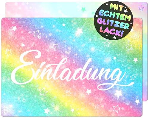 12x GLITZER Regenbogen EINLADUNGSKARTEN KINDERGEBURTSTAG Mädchen Junge - die Rainbow PARTY Karten sind die Regenbogen EINLADUNG für Mädchen Kinder GEBURTSTAG Einladung Regenbogen Glitzerlack Sterne von VULAVA