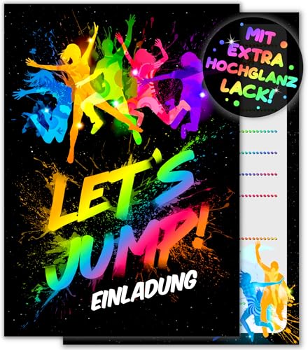 12x Jump Party EINLADUNGSKARTEN KINDERGEBURTSTAG Junge Mädchen - die JUMP-PARTY Karten sind die Trampolin EINLADUNG für Jungen Mädchen Kinder GEBURTSTAG Einladung Jump House HÜPFBURG KINDERPARTY von VULAVA