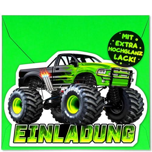 12x Monstertruck EINLADUNGSKARTEN KINDERGEBURTSTAG Junge Mädchen + 12x Umschläge - die Monster Truck PARTY Karten sind die Monstertruck EINLADUNG für Jungen Kinder GEBURTSTAG Auto GO-KART Spielzeug von VULAVA