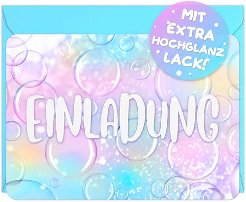 12x Seifenblasen EINLADUNGSKARTEN KINDERGEBURTSTAG Mädchen Junge + 12x Umschläge - die Bubble PARTY Karten sind die Seifenblasen EINLADUNG Kinder Jungen GEBURTSTAG Meerjungfrau EINHORN Regenbogen von VULAVA