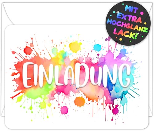 12x Splash EINLADUNGSKARTEN KINDERGEBURTSTAG Mädchen Junge + 12x Umschläge - die bunten PARTY Karten sind die Aquarell EINLADUNG Kinder Jungen GEBURTSTAG Regenbogen PARTYEINLADUNG Jugendweihe Taufe von VULAVA