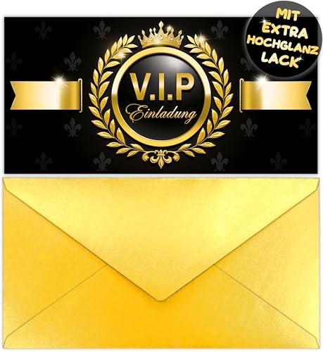 12x VIP EINLADUNGSKARTEN + 12x UMSCHLÄGE Gold Junge Mädchen Erwachsene - die Party Karten sind die VIP EINLADUNG für Jugendweihe Silvester Hochzeit Geburtstag Einladung Kindergeburtstag Jubiläum von VULAVA