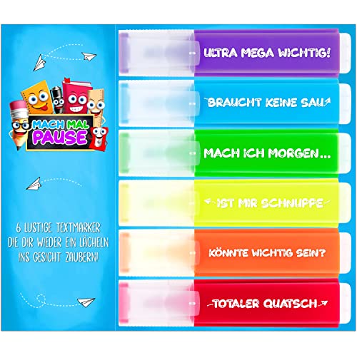 MACH MAL PAUSE® 6x Lustige Textmarker - das frech bunte Marker Set zum lernen u. markieren ist das Geschenk für Studenten Schüler Lehrer u. Kollegen - die Highlighter Stifte für Schule Uni Büro von MACH MAL PAUSE