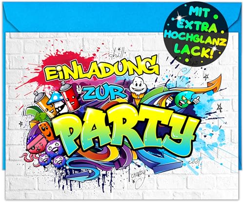 12x Graffiti EINLADUNGSKARTEN KINDERGEBURTSTAG Junge Mädchen - die frech bunten Graffiti MONSTER PARTY Karten sind die perfekte Graffiti EINLADUNG für Jungen Mädchen Kinder GEBURTSTAG KINDERPARTY von VULAVA