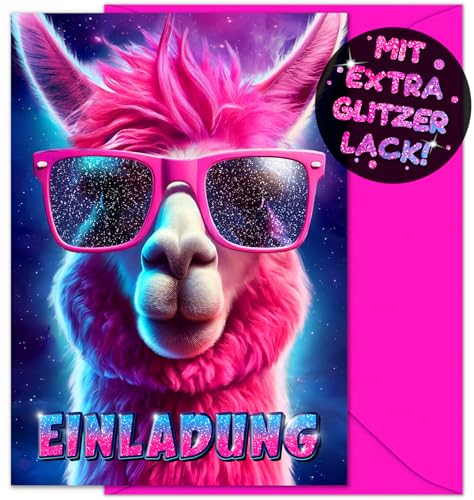 VULAVA 12x GLITZER Lama EINLADUNGSKARTEN KINDERGEBURTSTAG Mädchen Junge + 12x Umschläge - die Alpaka PARTY Karten sind die Lama EINLADUNG für Mädchen Kinder GEBURTSTAG Einladung Pferde Einhorn von VULAVA