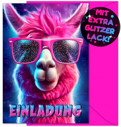 VULAVA 12x GLITZER Lama EINLADUNGSKARTEN KINDERGEBURTSTAG Mädchen Junge + 12x Umschläge - die Alpaka PARTY Karten sind die Lama EINLADUNG für Mädchen Kinder GEBURTSTAG Einladung Pferde Einhorn von VULAVA