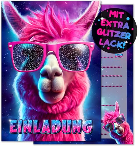 VULAVA 12x GLITZER Lama EINLADUNGSKARTEN KINDERGEBURTSTAG Mädchen Junge - die Alpaka PARTY Karten sind die Lama EINLADUNG für Mädchen Jungen Kinder GEBURTSTAG Einladung Pferde Einhorn von VULAVA