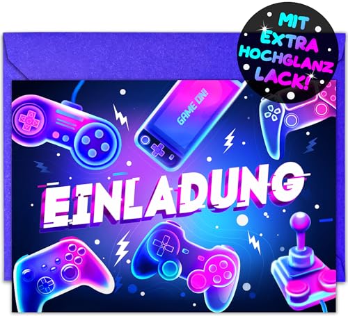 VULAVA 12x Gaming EINLADUNGSKARTEN KINDERGEBURTSTAG Junge Mädchen + 12x Umschläge - die Gamer PARTY Karten sind die Gamer EINLADUNG für Jungen Mädchen Kinder GEBURTSTAG Einladung VIDEOSPIEL ZOCKEN von VULAVA