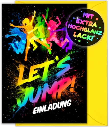 VULAVA 12x Jump Party EINLADUNGSKARTEN KINDERGEBURTSTAG Junge Mädchen + 12x Umschläge - die JUMP-PARTY Karten sind die Trampolin EINLADUNG für Jungen Kinder GEBURTSTAG Einladung Jump House HÜPFBURG von VULAVA