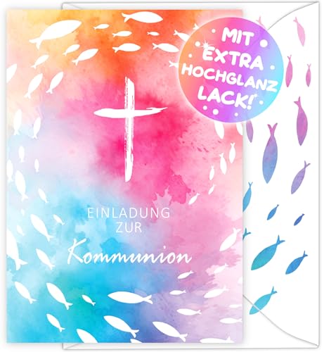 VULAVA 12x Kommunion EINLADUNGSKARTEN + 12x Umschläge Junge Mädchen - die Party Karten sind die Kommunion EINLADUNG für Jungen Kinder Kommunionskarten Erstkommunion Kommunionseinladungen Kreuz von VULAVA